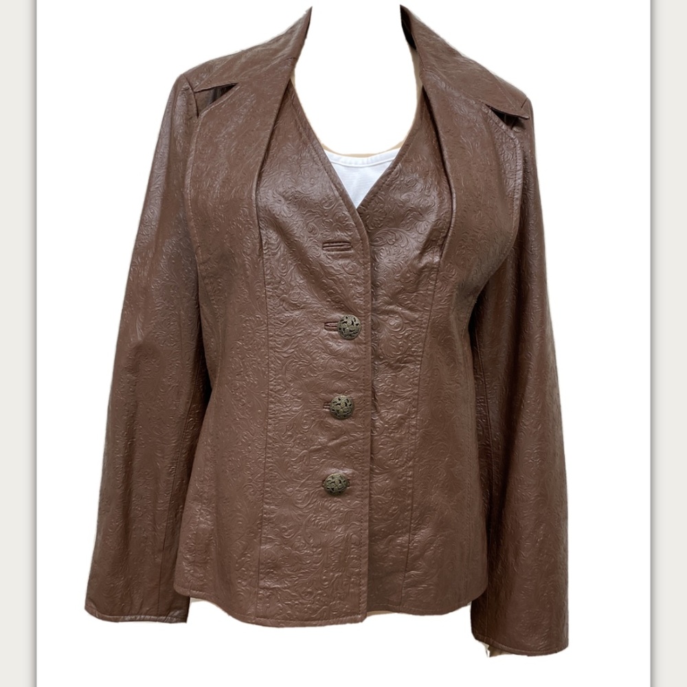 Pamela McCoy S Brown Textured Leather Button Front